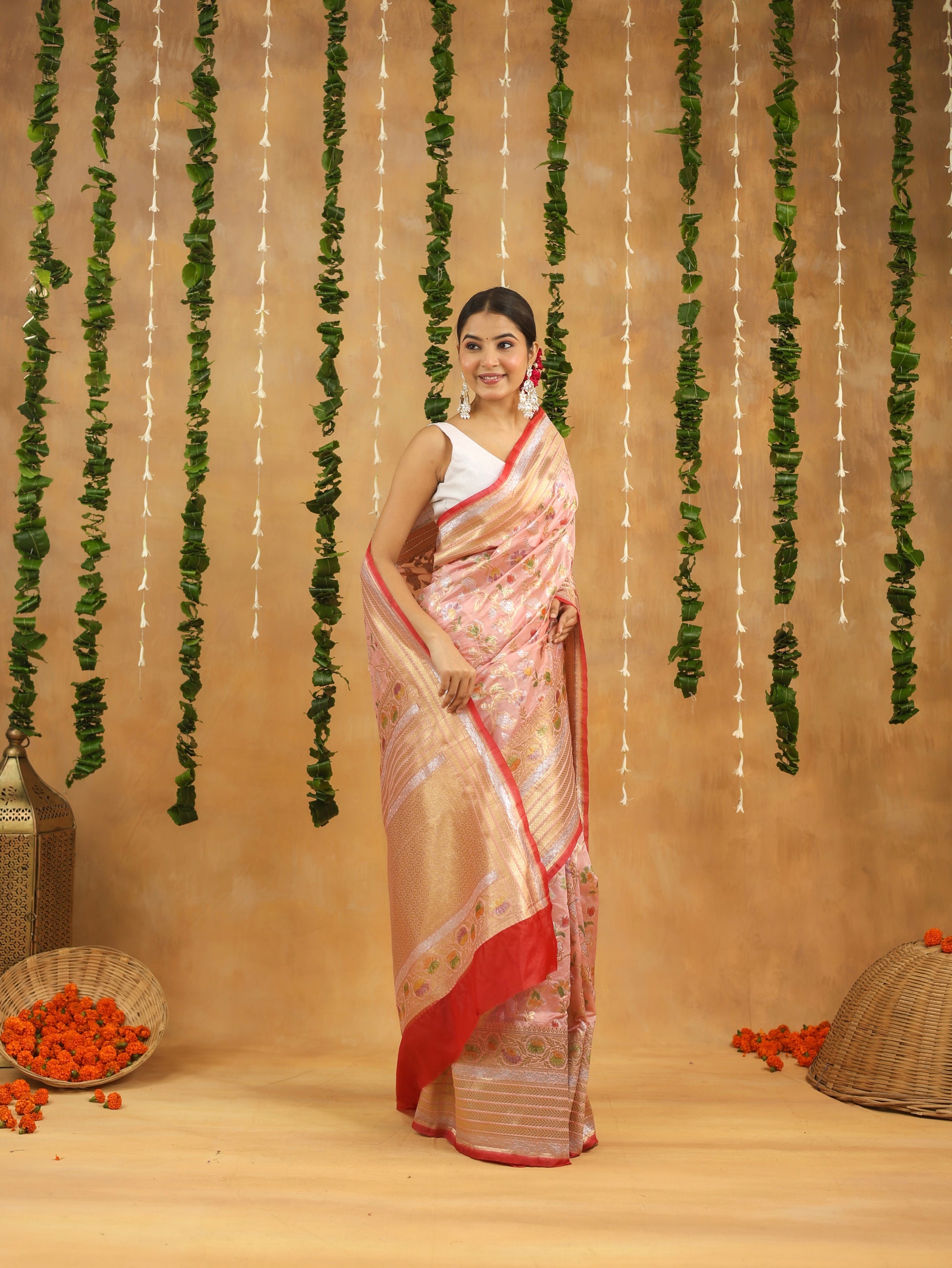 Pink Banarasi Rapier Silk Saree with Floral Zari Work