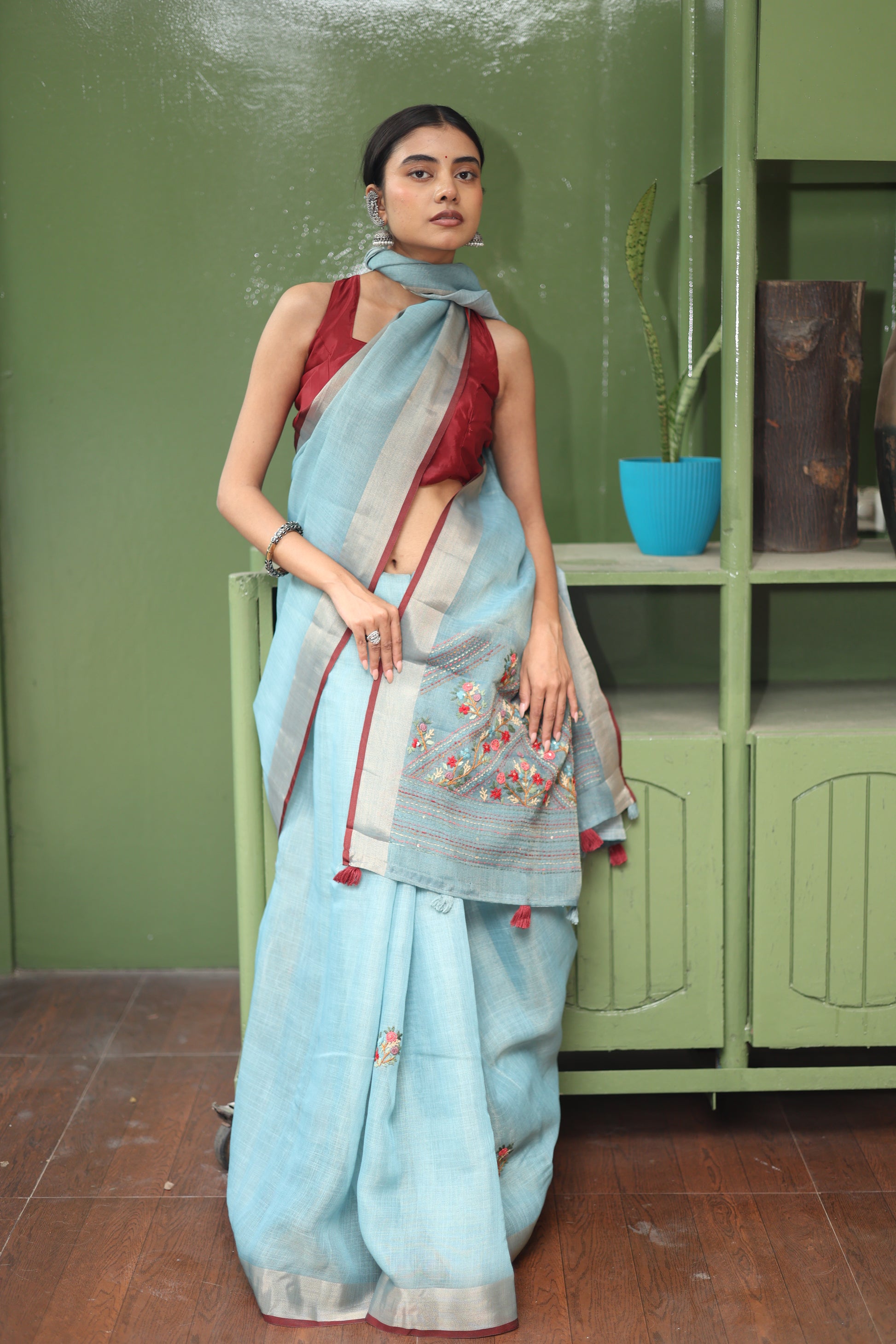 Premium Tissue Linen Sarees with Hand Embroidery- blue