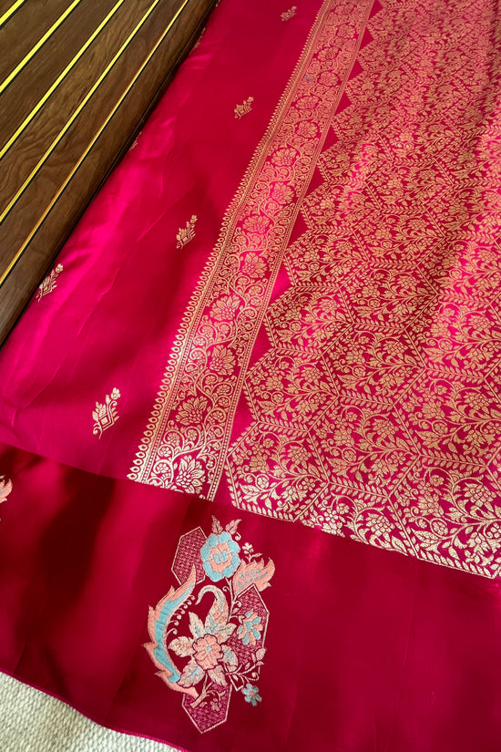 Pure Mashru Border Banarasi Raw Silk Saree- Rani pink