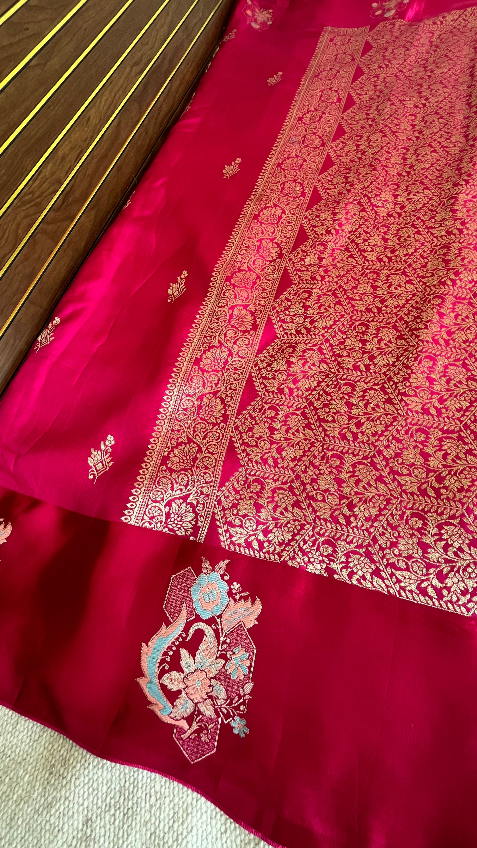 Pure Mashru Border Banarasi Raw Silk Saree- Rani pink