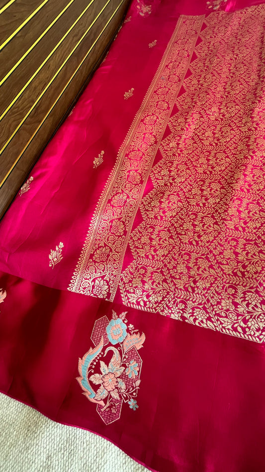 Pure Mashru Border Banarasi Raw Silk Saree- Rani pink
