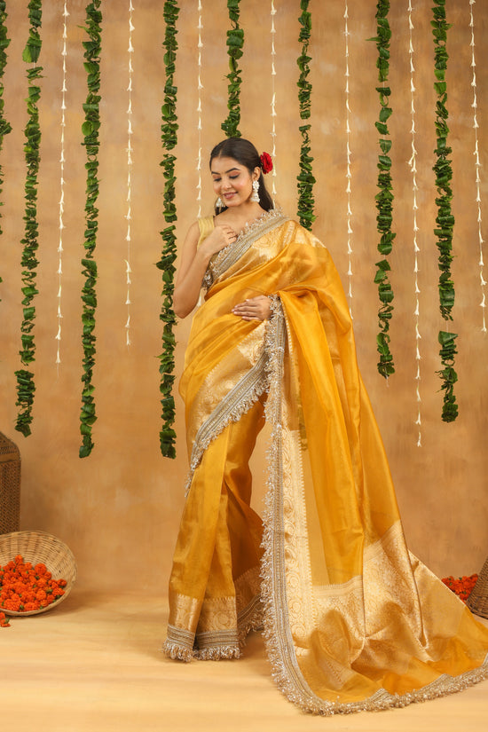 Yellow Banarasi Tissue Silk Saree with Gota Patti Work