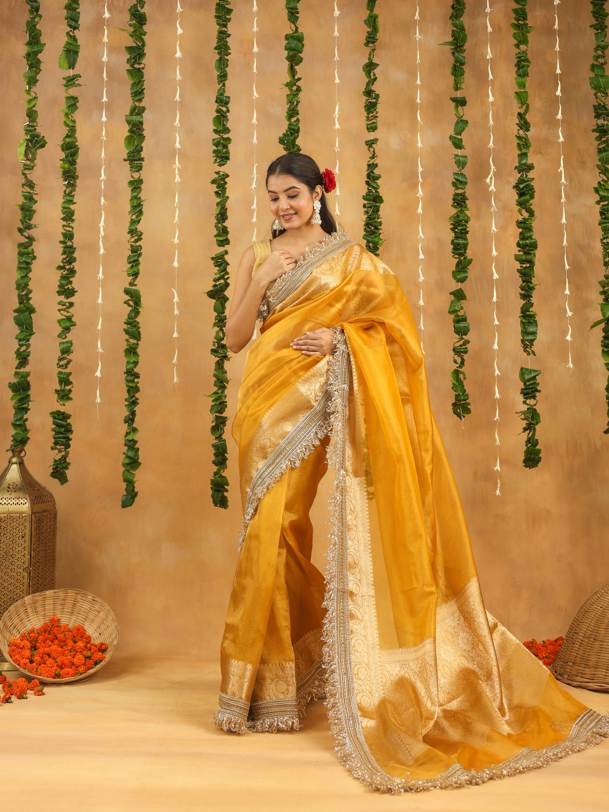 Yellow Banarasi Tissue Silk Saree with Gota Patti Work