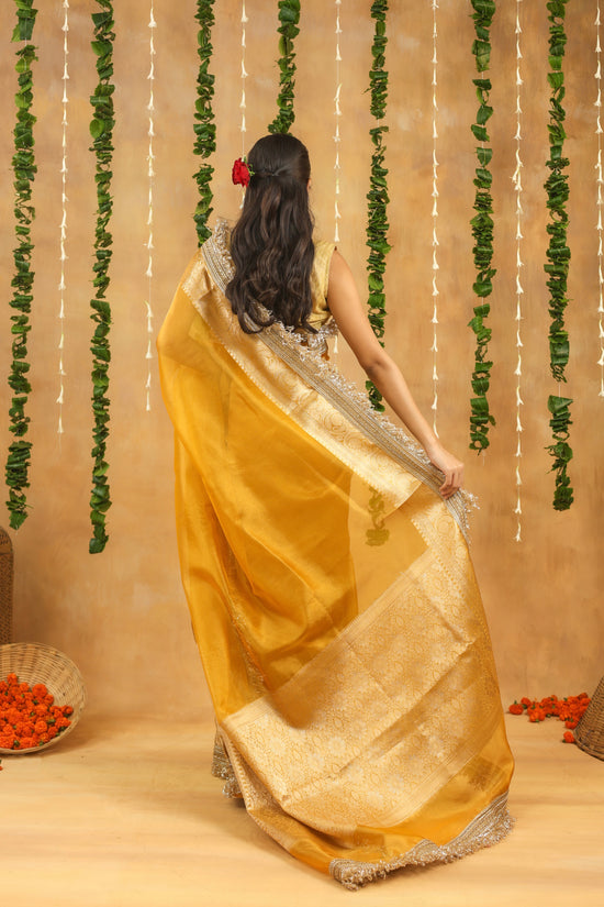 Yellow Banarasi Tissue Silk Saree with Gota Patti Work