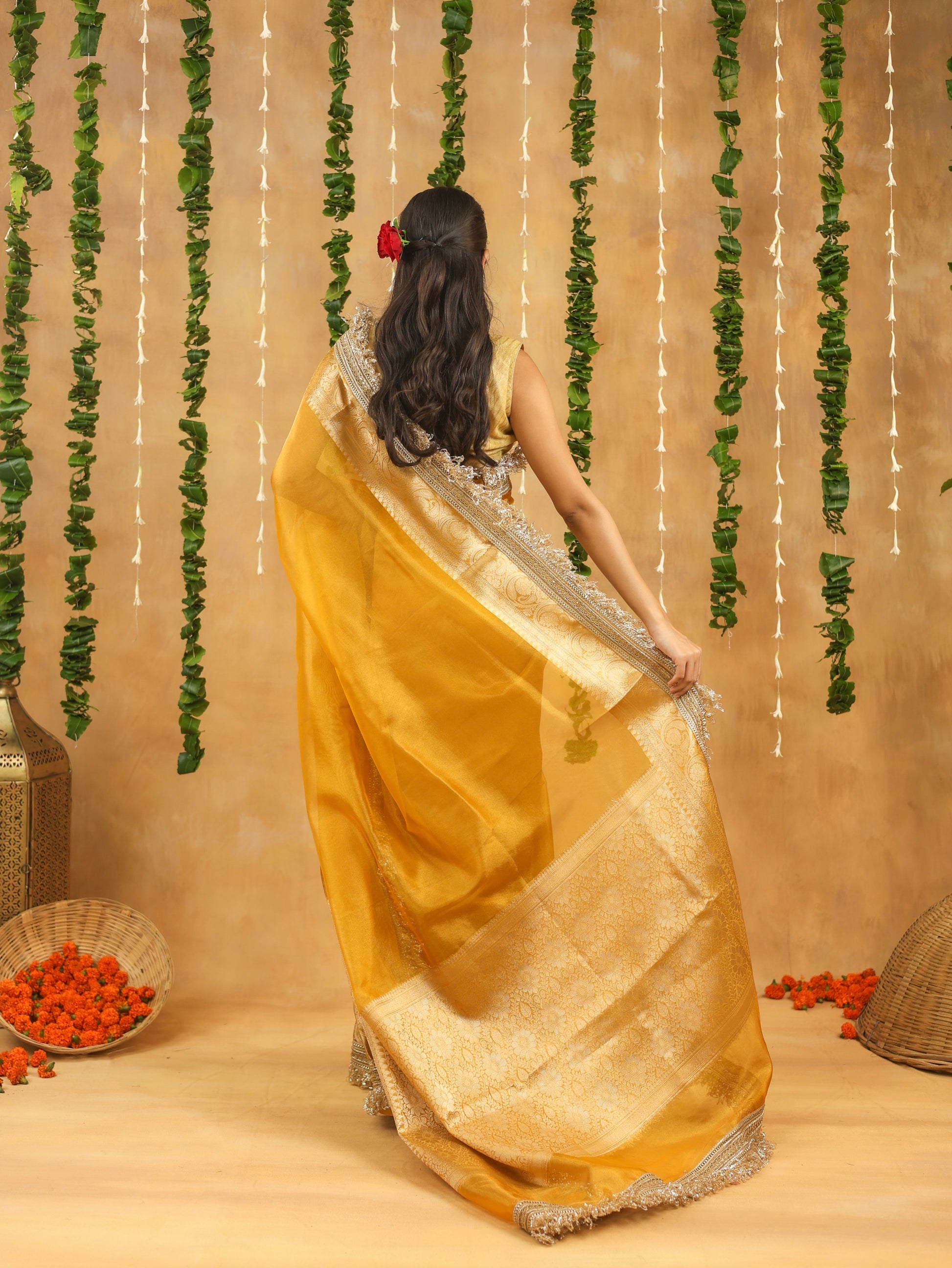 Yellow Banarasi Tissue Silk Saree with Gota Patti Work