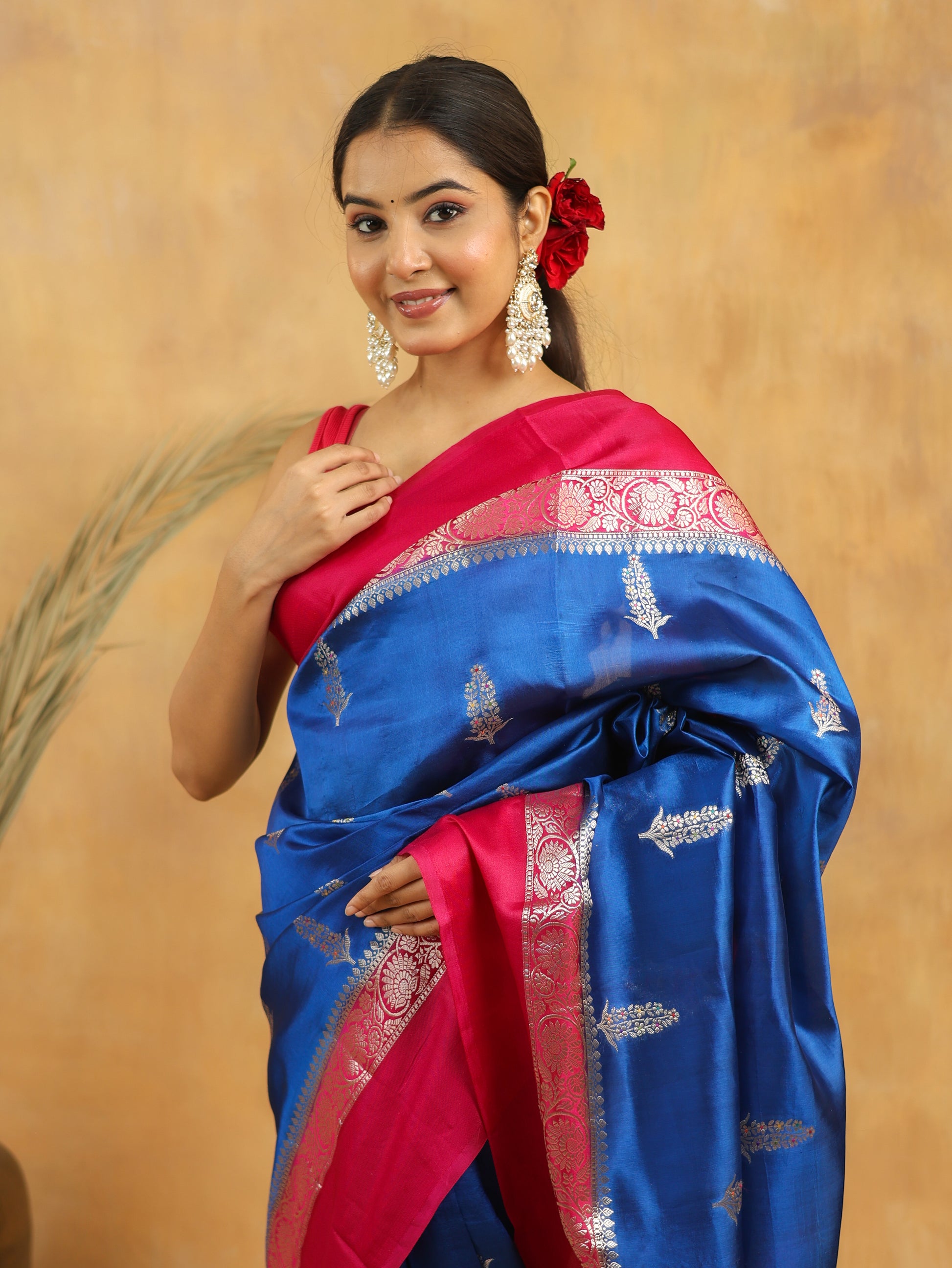 Royal Blue Banarasi Raw Silk Saree with Rani Pink Border and silver zari weaving