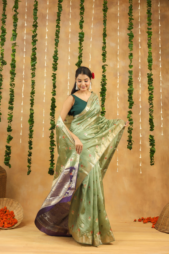 Pastel Green Pure Dupion Silk Saree with Contrasting Silver Zari Border