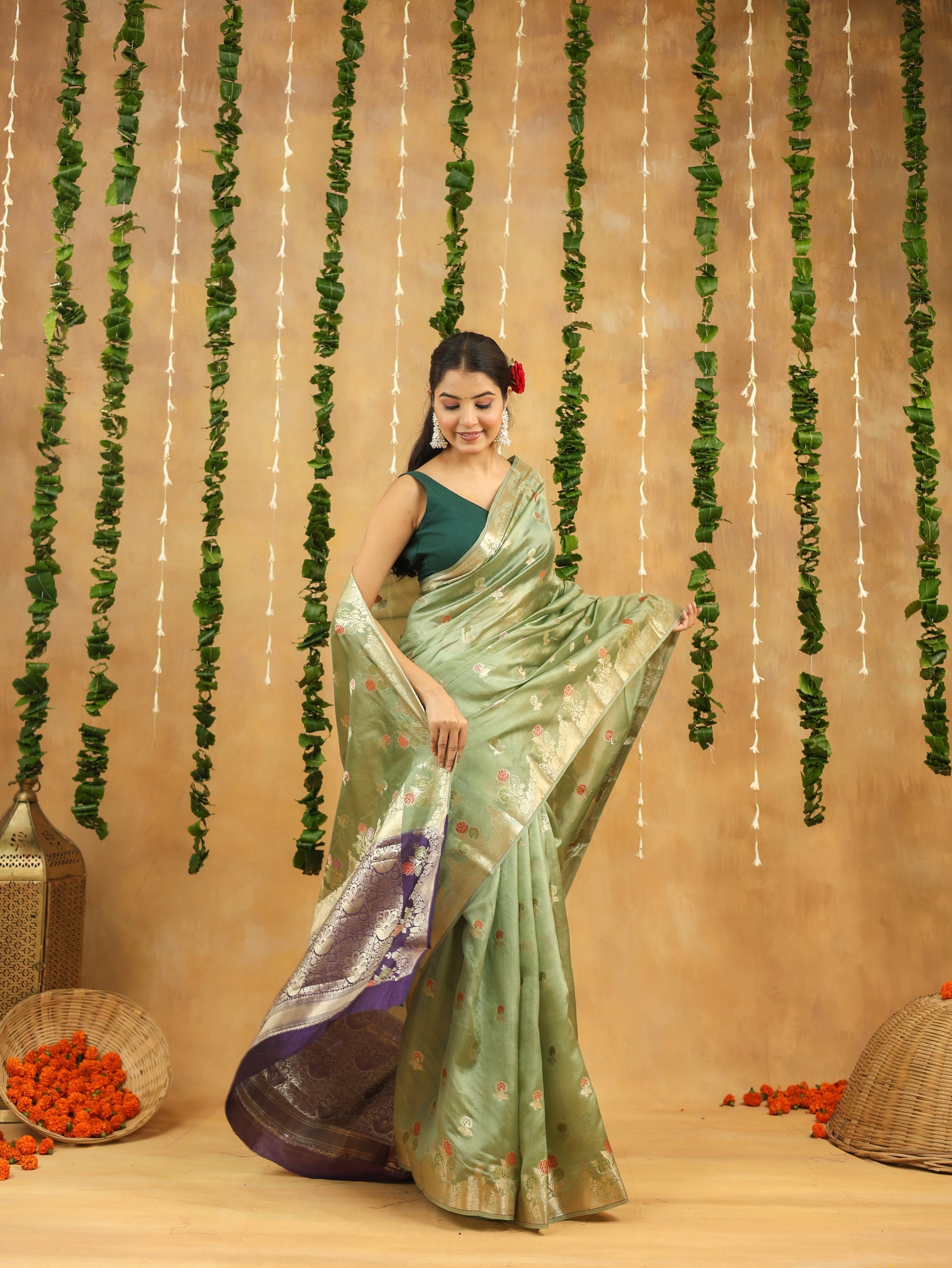 Pastel Green Pure Dupion Silk Saree with Contrasting Silver Zari Border