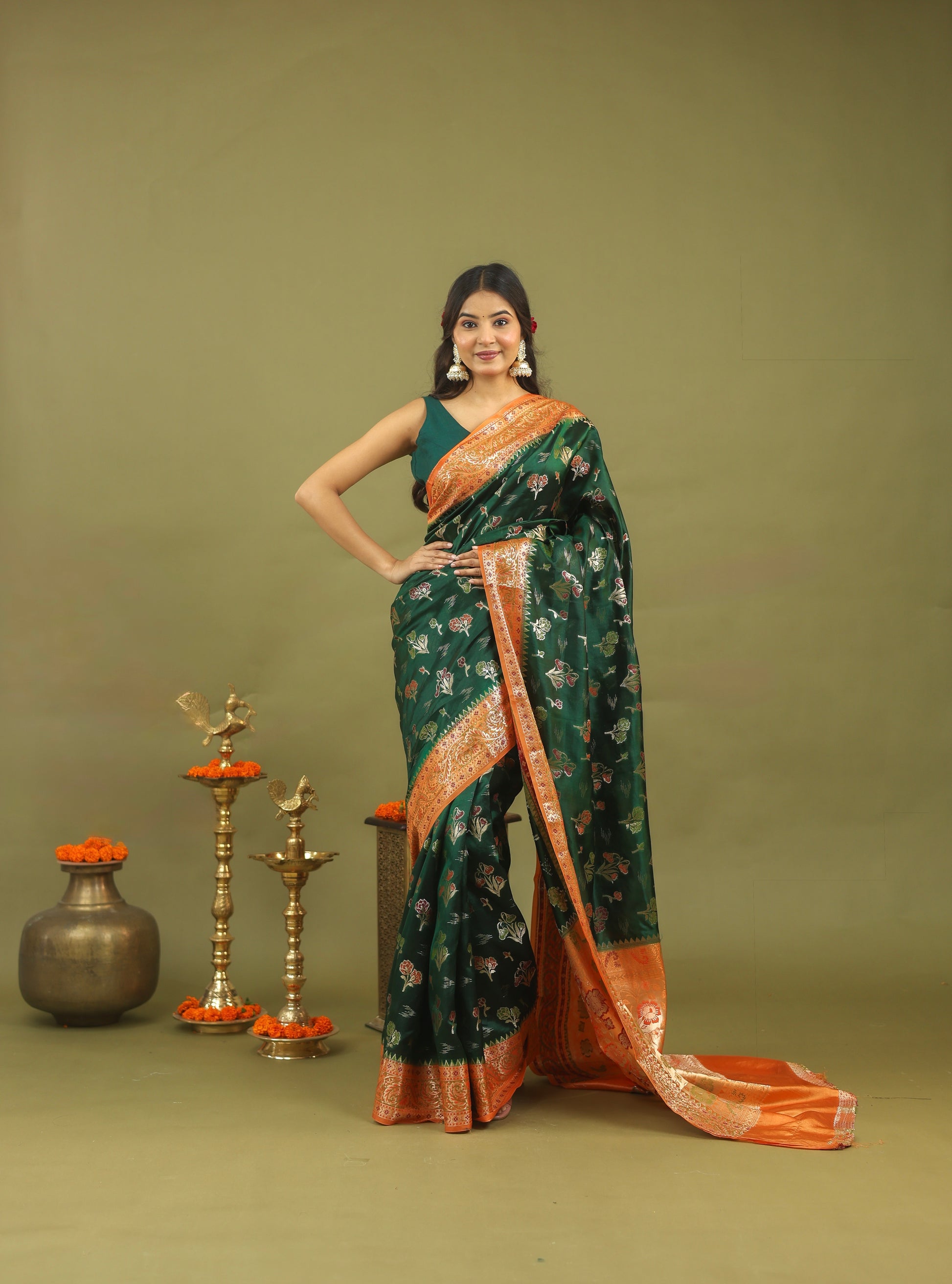 Emerald Green Pure Dupion Silk Saree with Antique Gold Zari Border