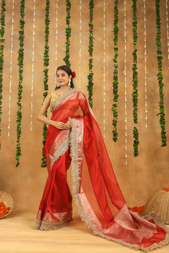 Radiant Red Banarasi Tissue Silk Saree with Intricate Gota Patti Work