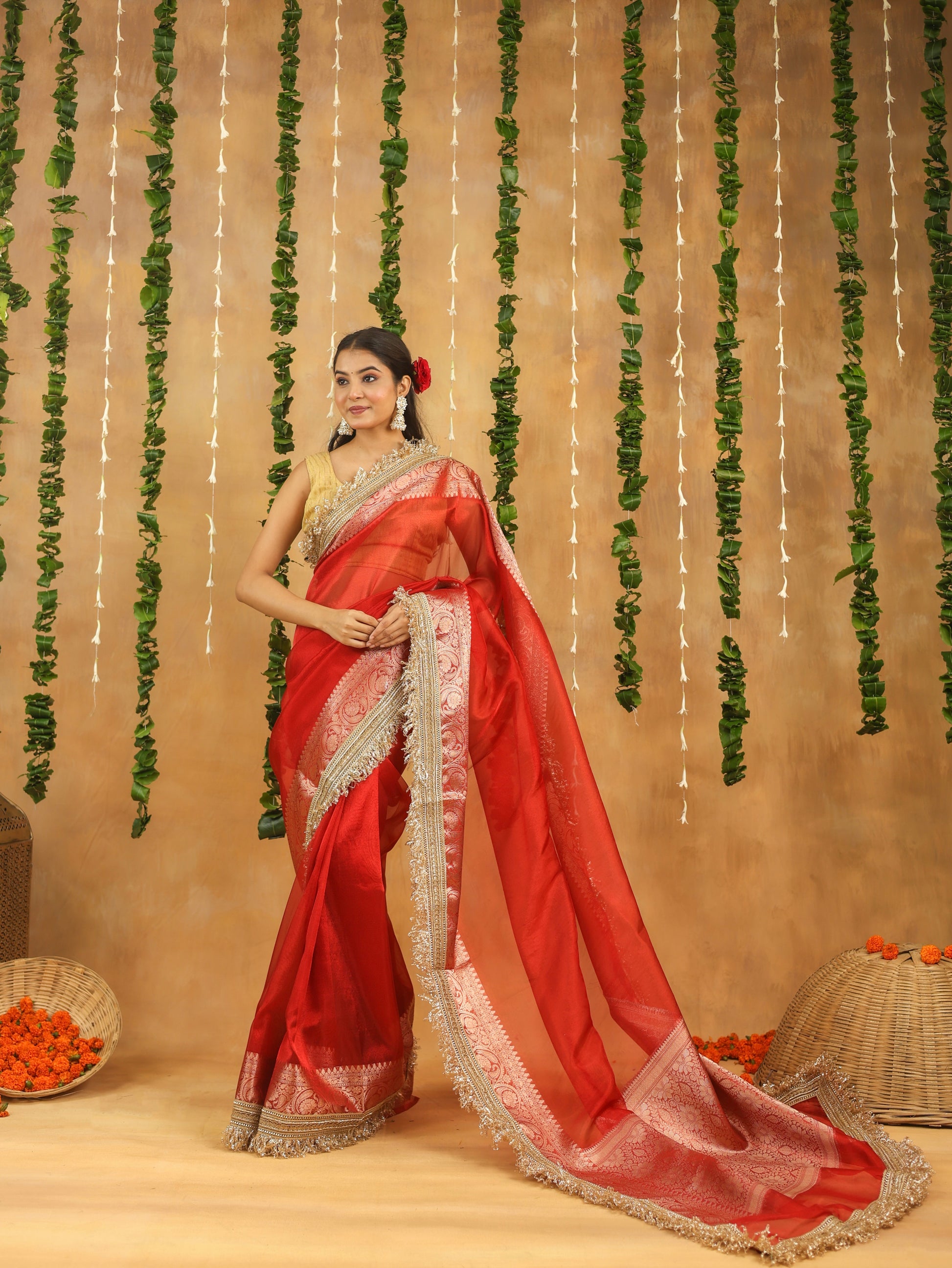 Radiant Red Banarasi Tissue Silk Saree with Intricate Gota Patti Work