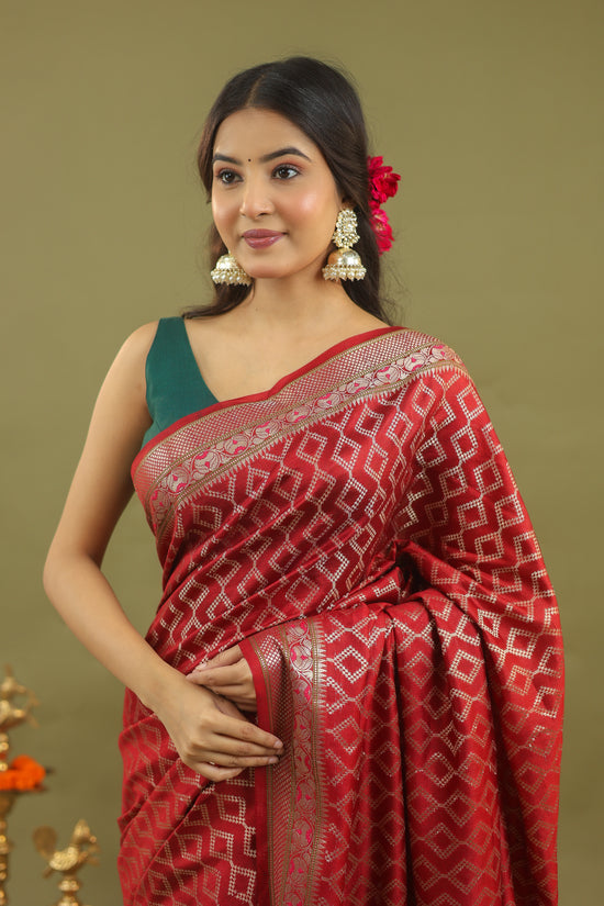 Red-Gold Geometric Pure Tussar Silk Saree with Zari Border
