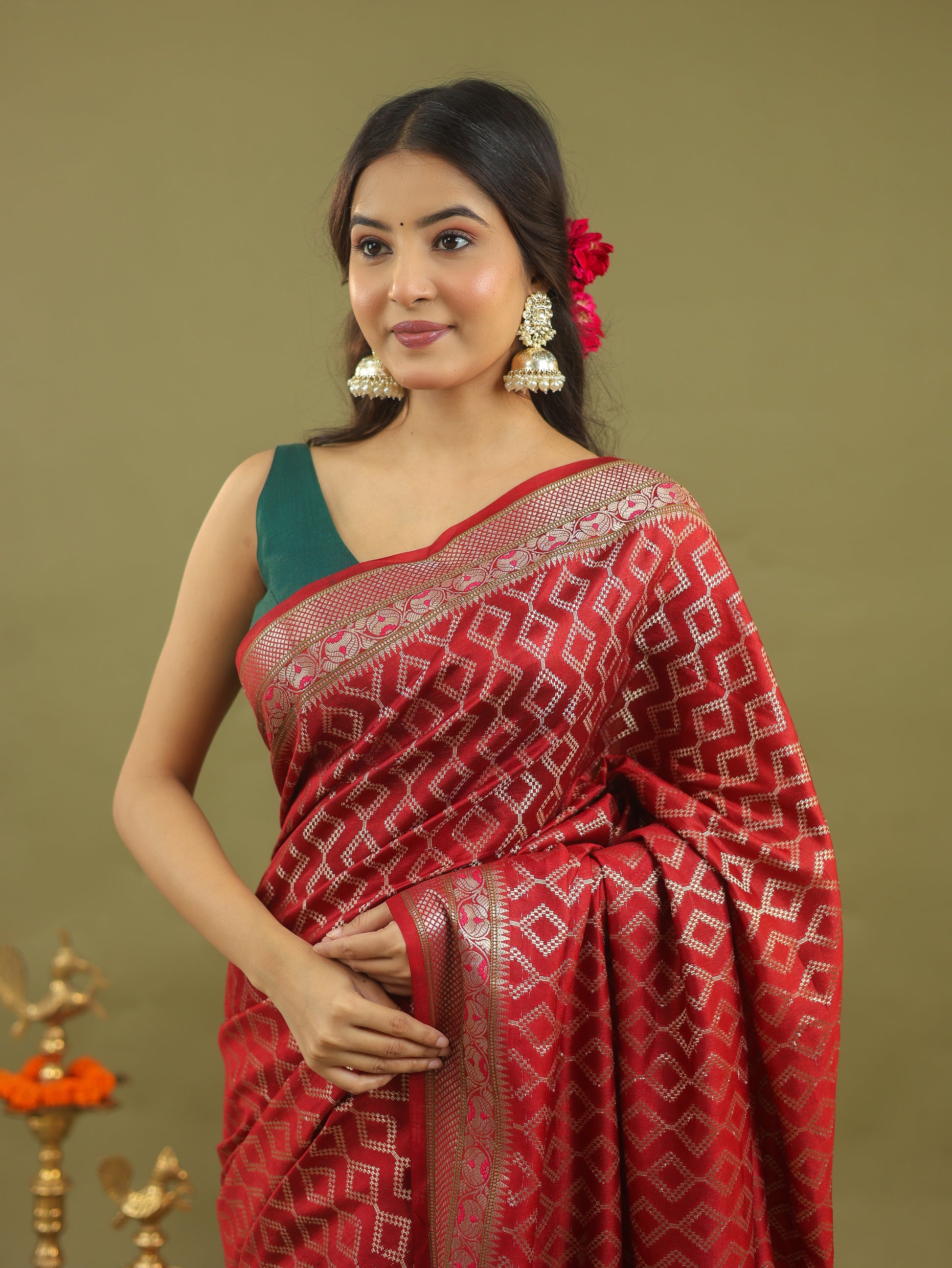 Red-Gold Geometric Pure Tussar Silk Saree with Zari Border