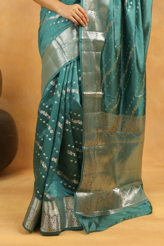 Pure Viscose Silk Saree in Teal Green with Silver Zari Border