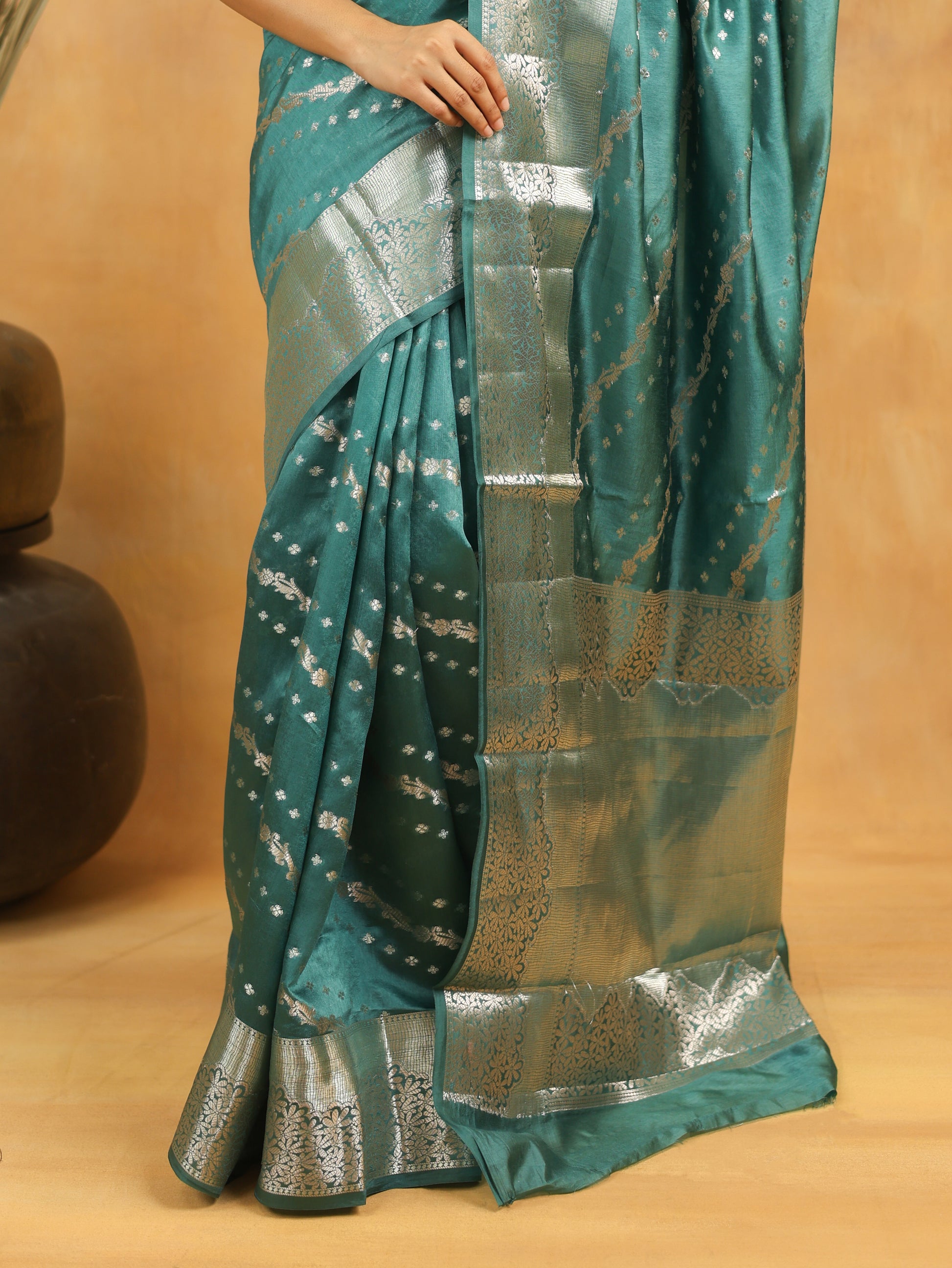 Pure Viscose Silk Saree in Teal Green with Silver Zari Border