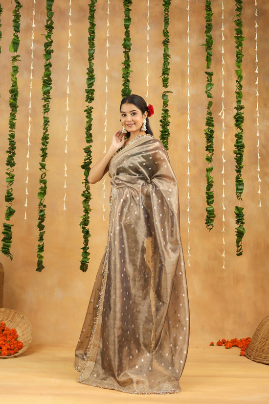 Antique Silver Banarasi Tissue Silk Saree with Polka Motifs