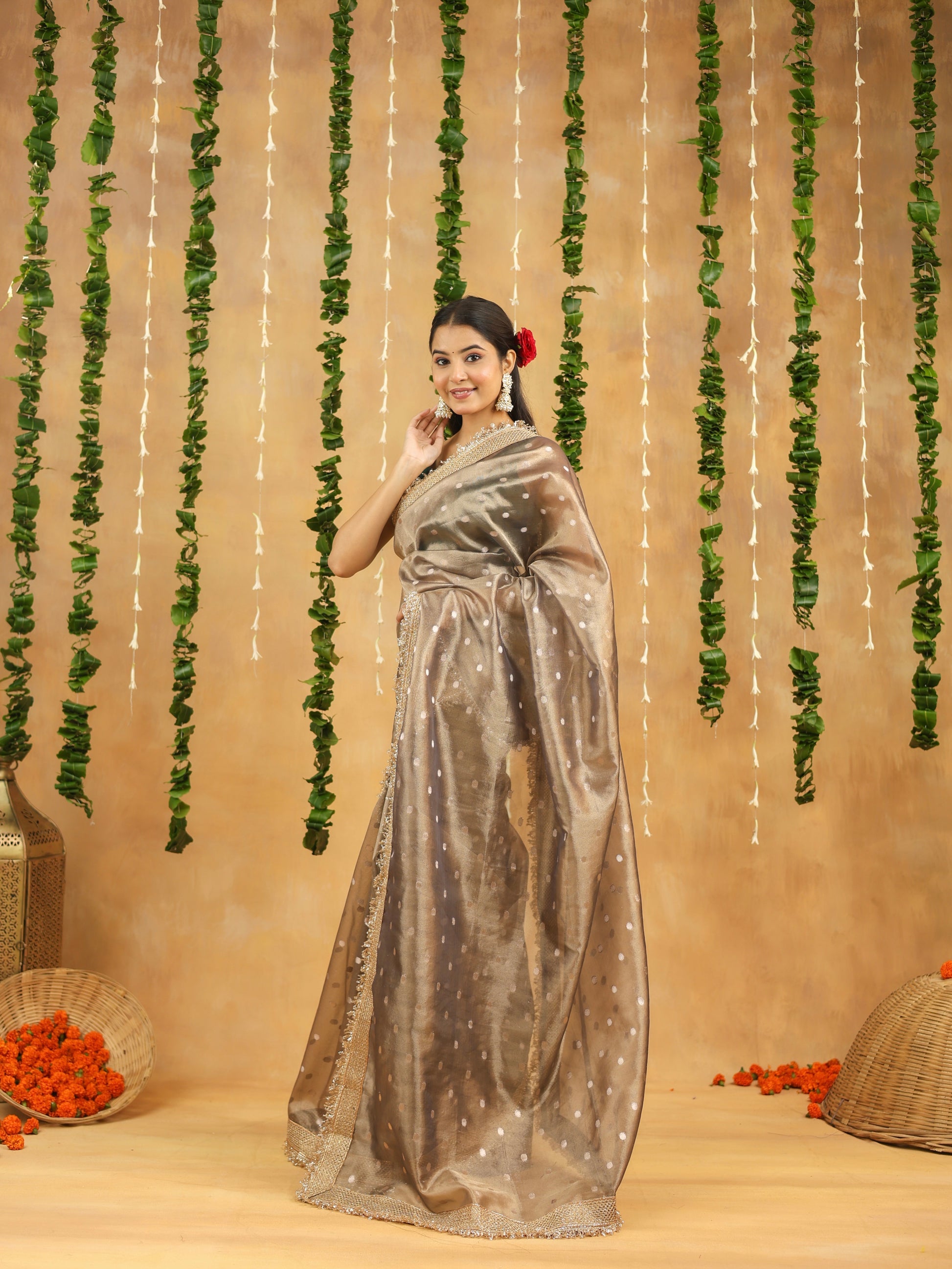 Antique Silver Banarasi Tissue Silk Saree with Polka Motifs