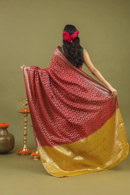 Red-Gold Geometric Pure Tussar Silk Saree with Zari Border