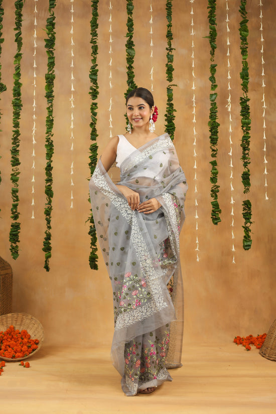 Silver Grey with Multi Color Floral Embroidered Organza Saree
