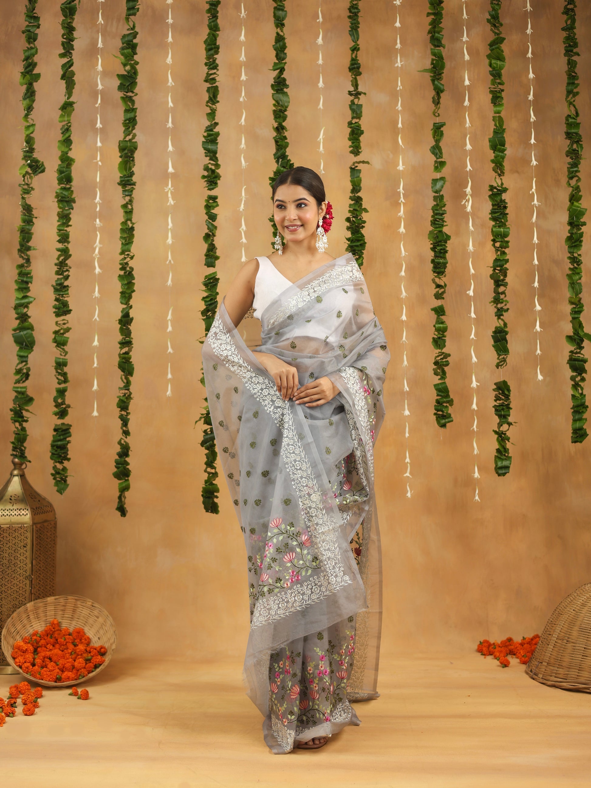 Silver Grey with Multi Color Floral Embroidered Organza Saree