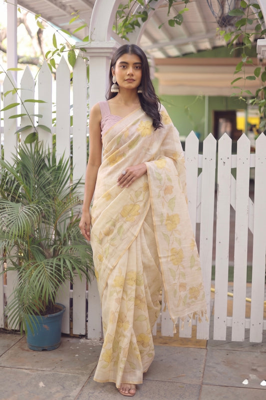 Tissue Linen Saree with Hand-Painted Florals & Delicate Aari Work- white/yellow