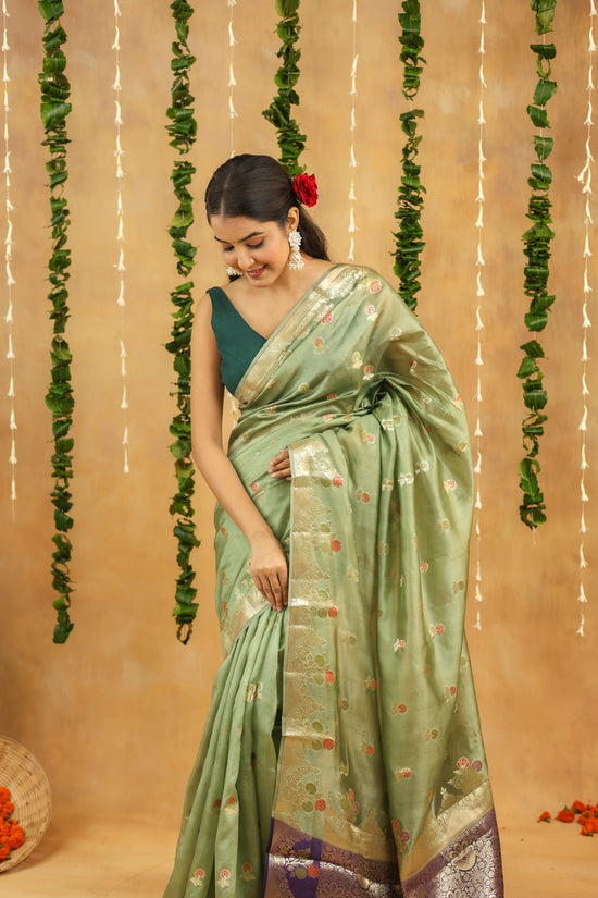 Pastel Green Pure Dupion Silk Saree with Contrasting Silver Zari Border