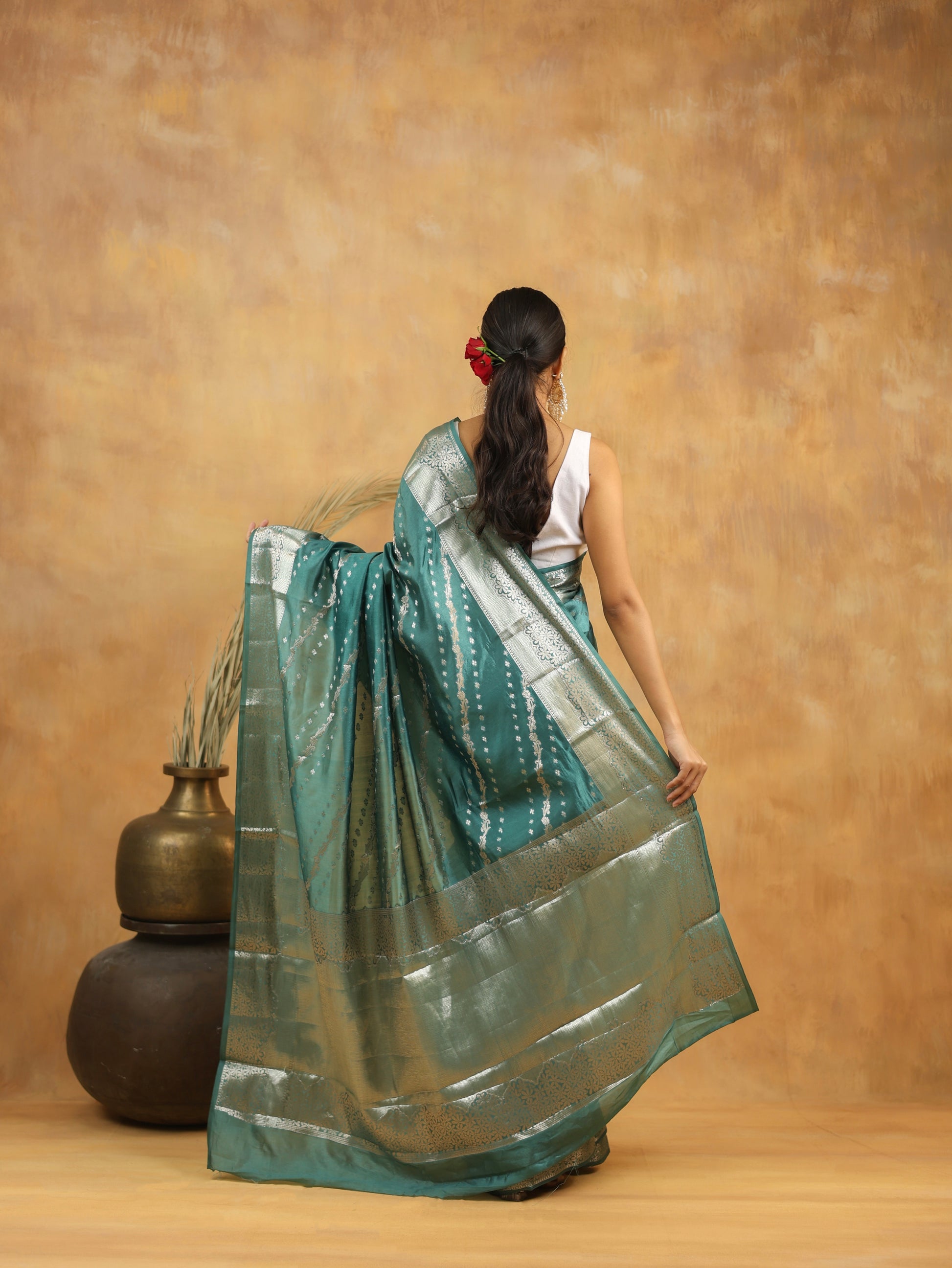 Pure Viscose Silk Saree in Teal Green with Silver Zari Border