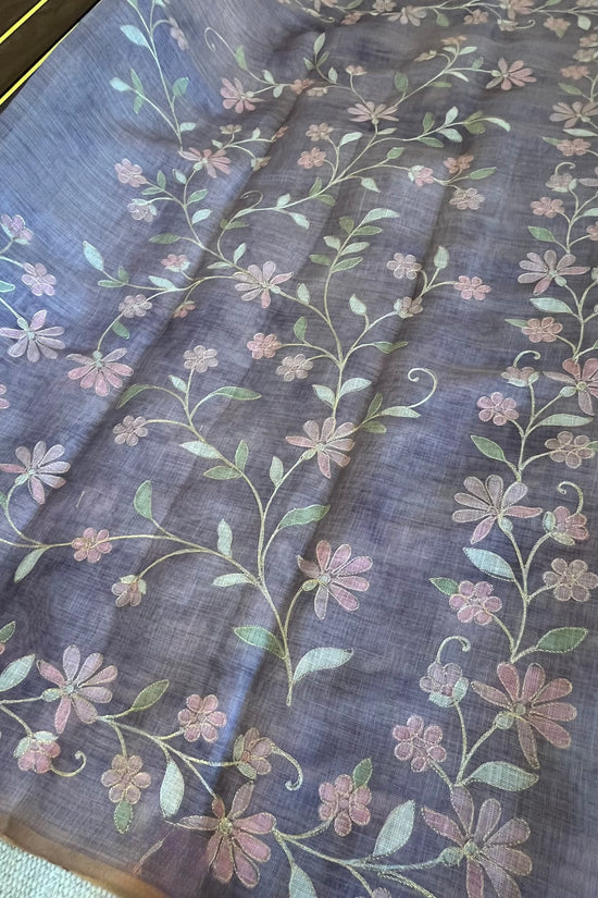 Tissue Linen Saree with Painted Florals & Delicate Aari Work- lavender
