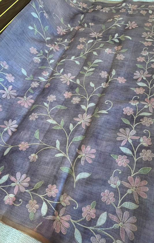 Tissue Linen Saree with Painted Florals & Delicate Aari Work- lavender