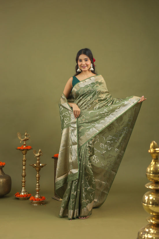 Sage Green Pure Tussar Silk Saree with Silver Floral Zari Motifs & Border