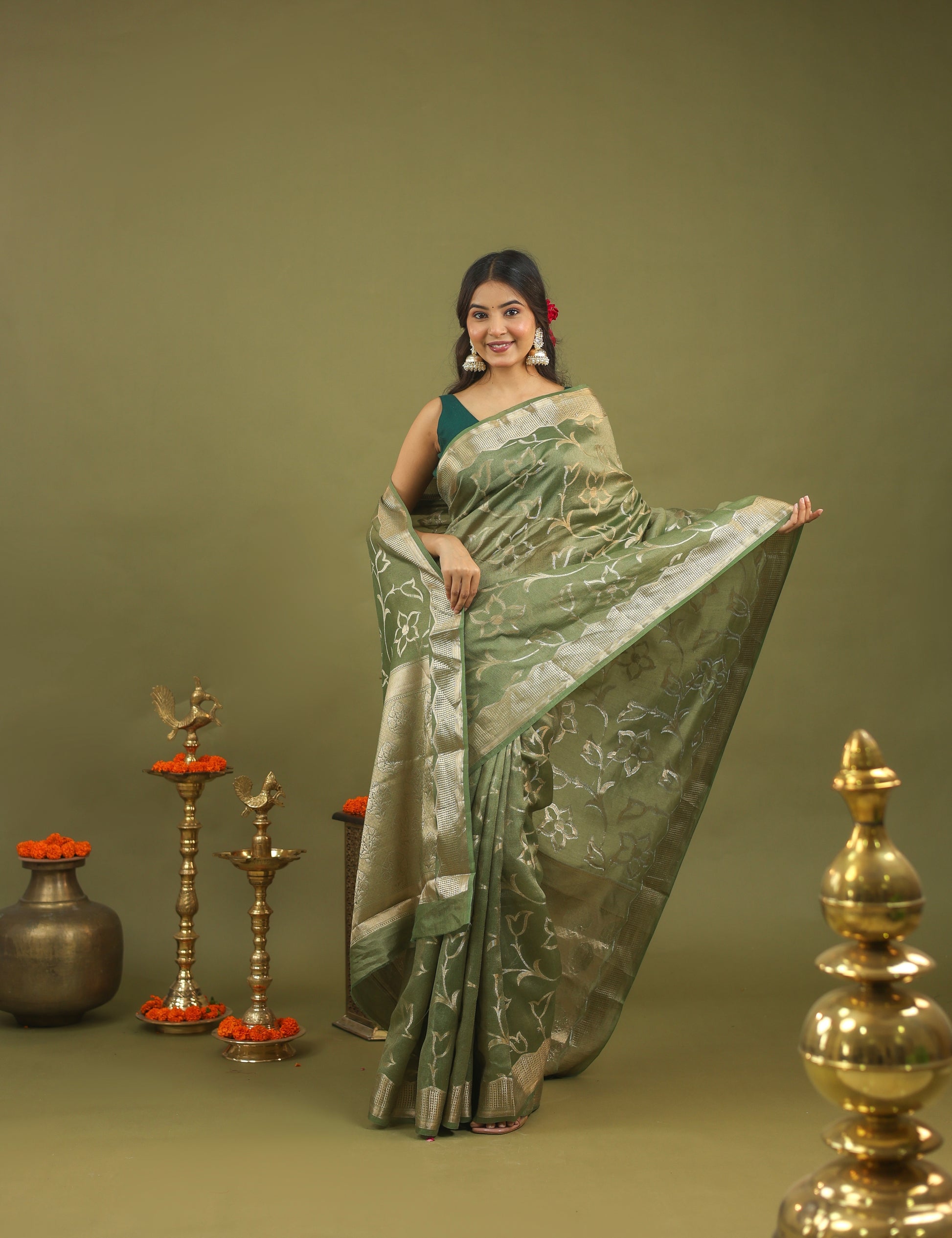 Sage Green Pure Tussar Silk Saree with Silver Floral Zari Motifs & Border