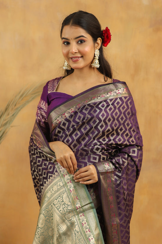 Purple-Green Geometric Pure Tussar Silk Saree with Zari Border