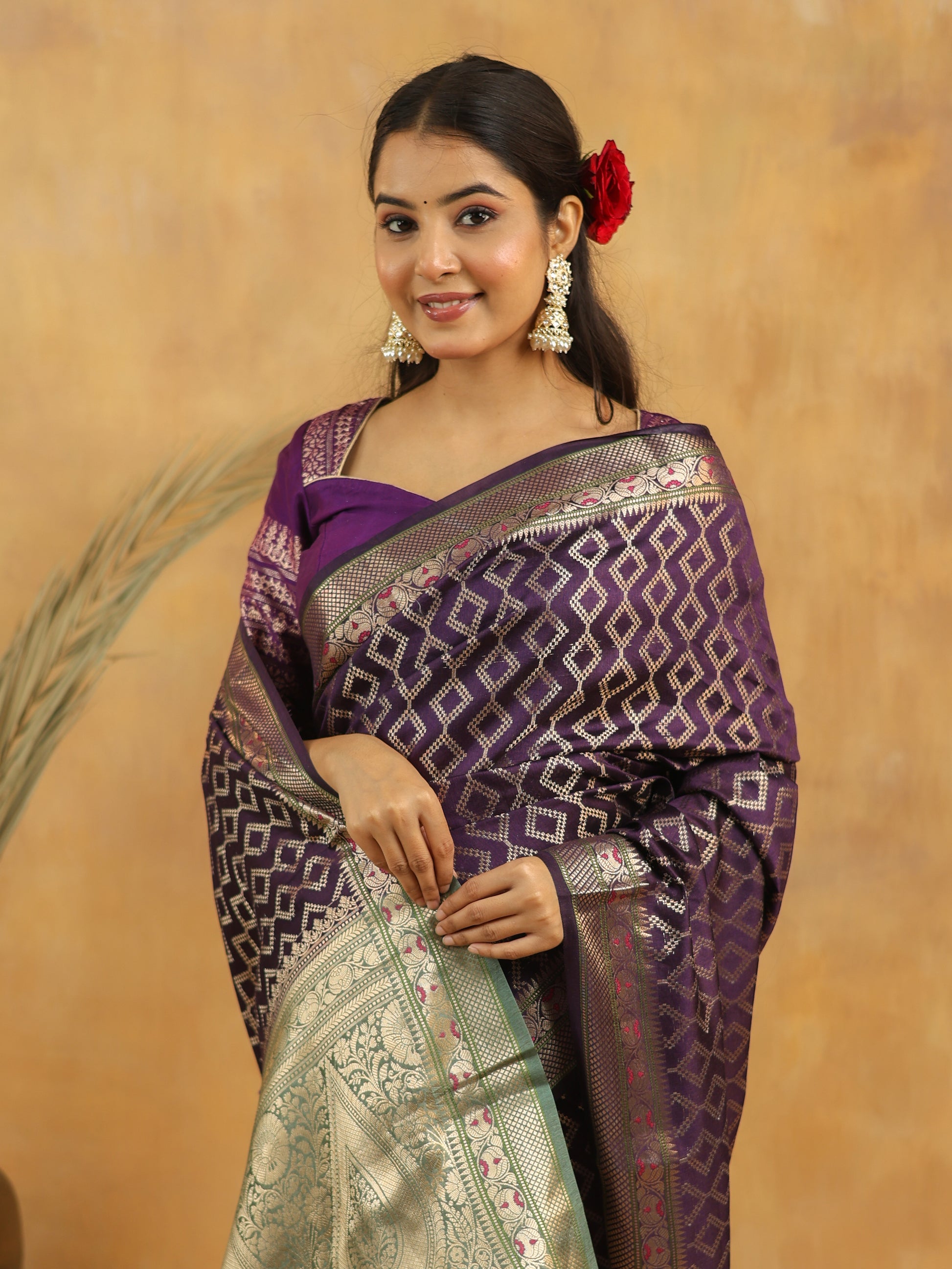 Purple-Green Geometric Pure Tussar Silk Saree with Zari Border