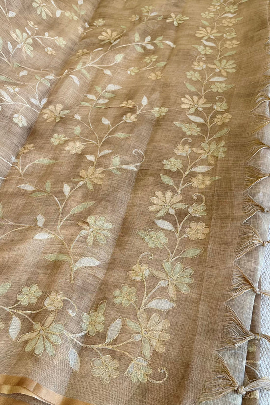 Tissue Linen Saree with Painted Florals & Delicate Aari Work- Golden Beige