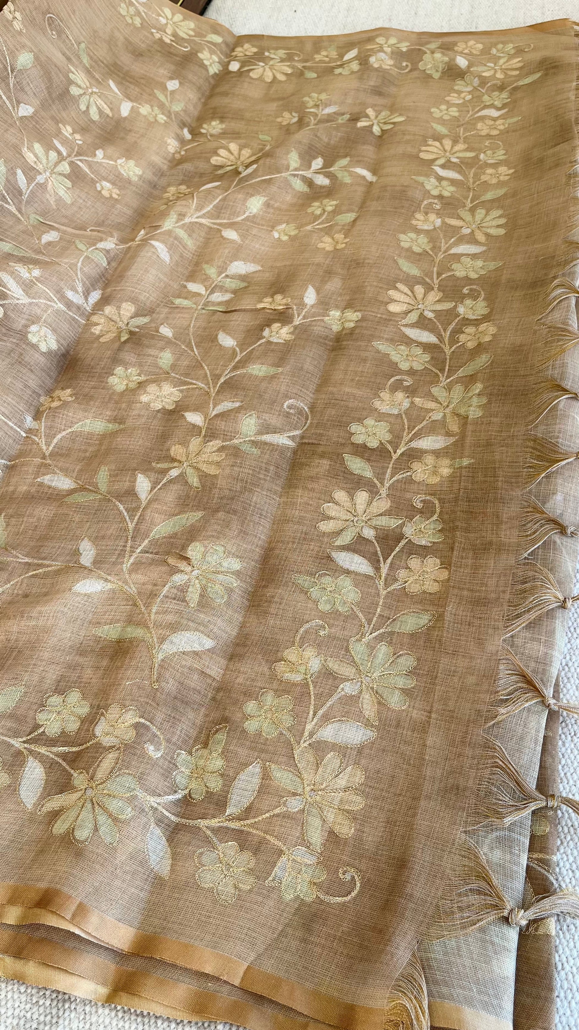 Tissue Linen Saree with Painted Florals & Delicate Aari Work- Golden Beige