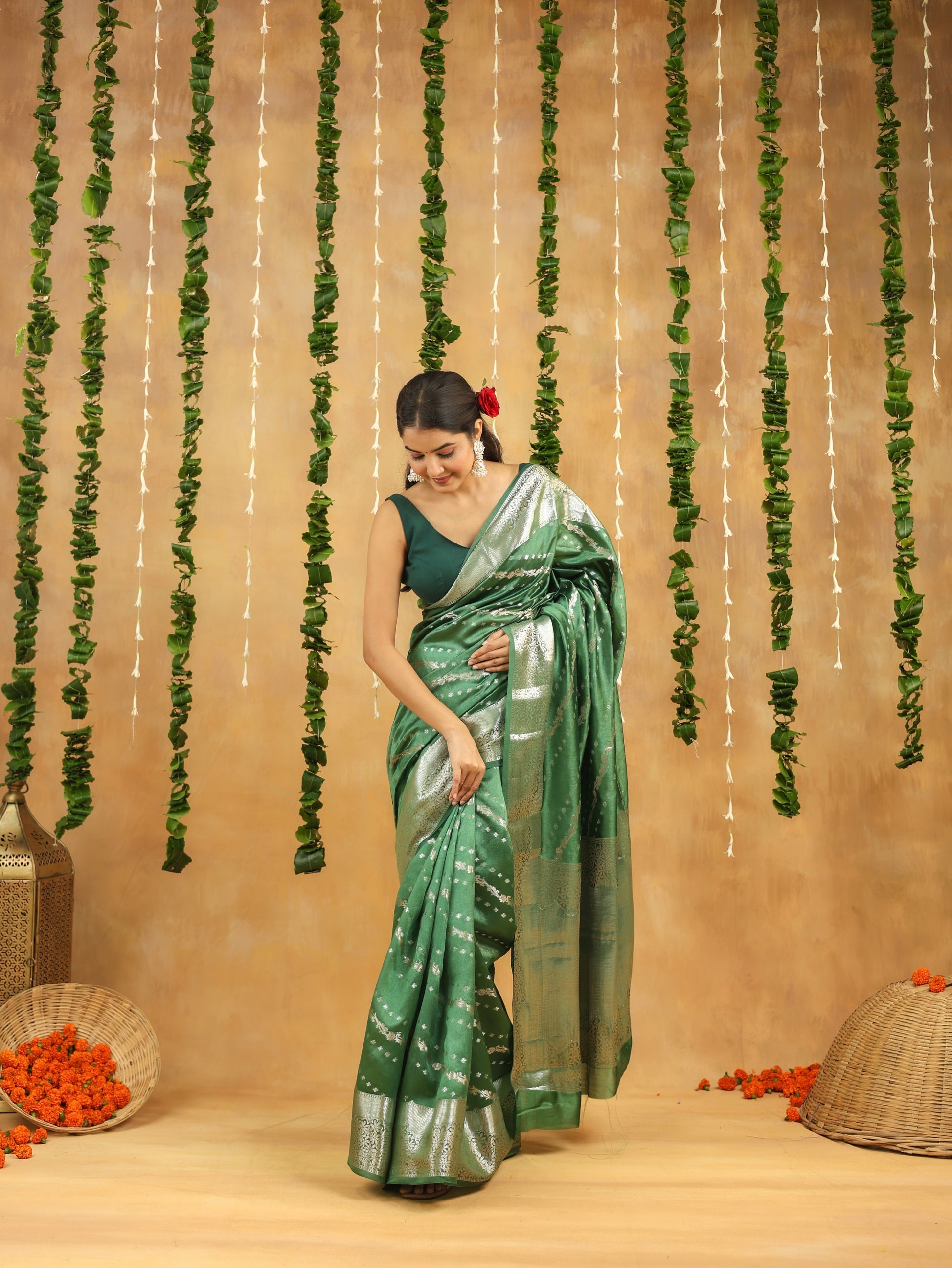 Banarasi Pure Viscose Silk Saree in Forest Green with Silver Zari Border