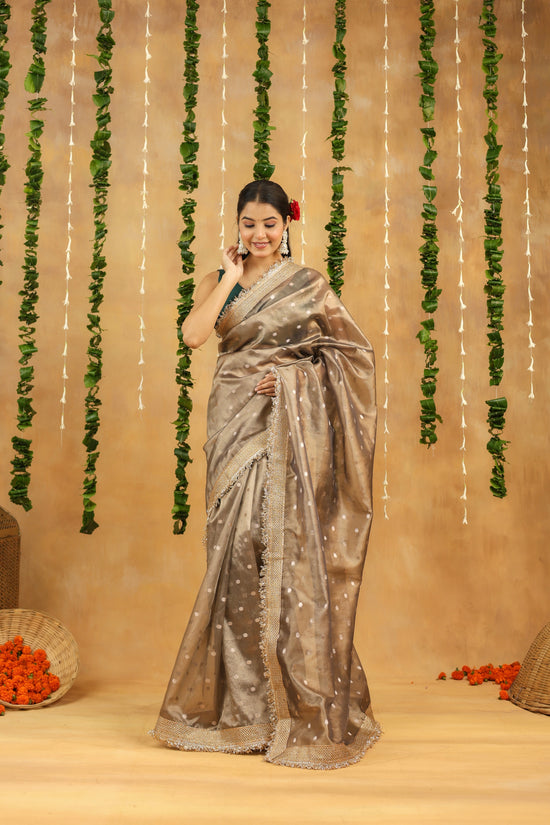 Antique Silver Banarasi Tissue Silk Saree with Polka Motifs