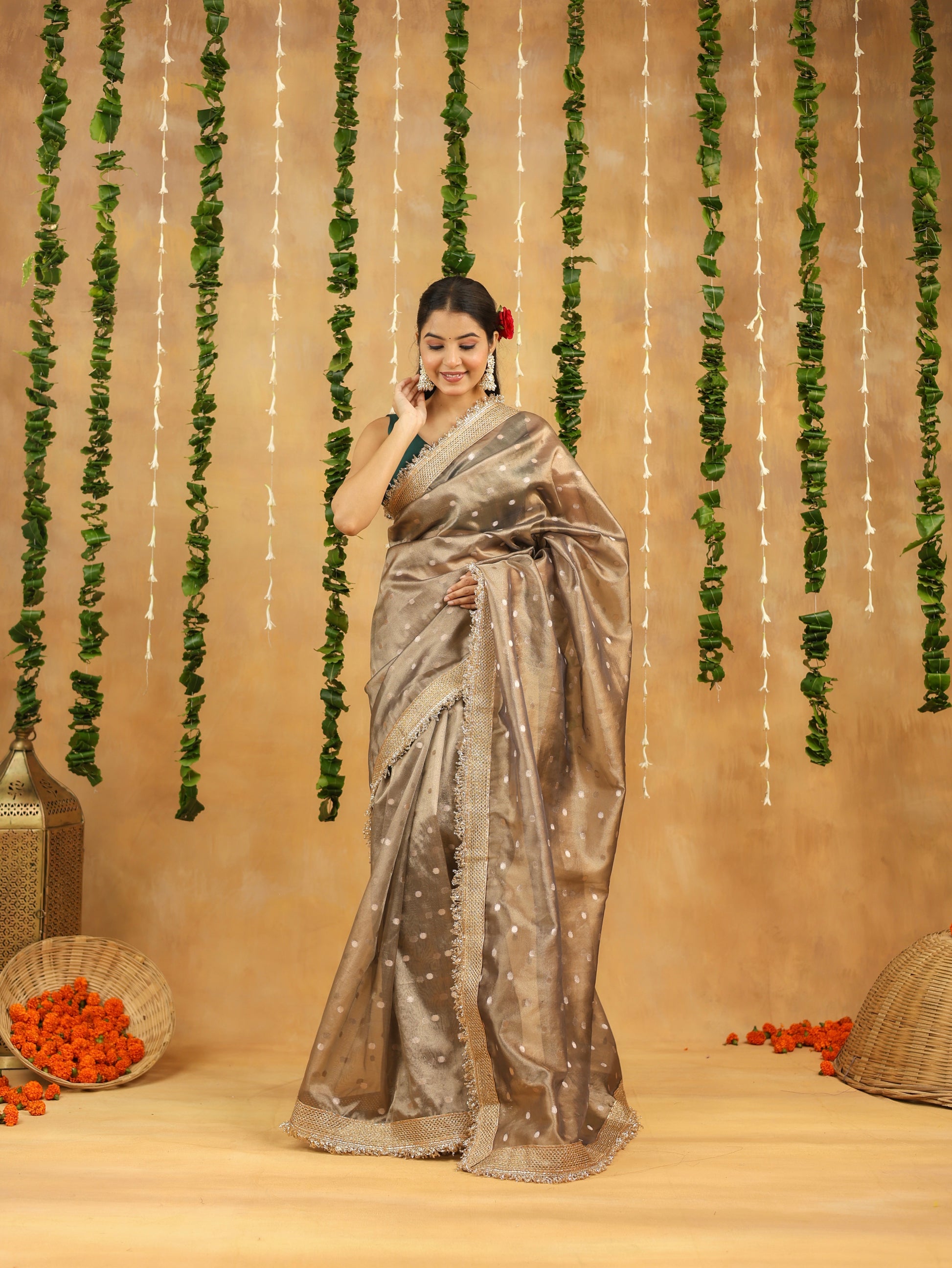 Antique Silver Banarasi Tissue Silk Saree with Polka Motifs