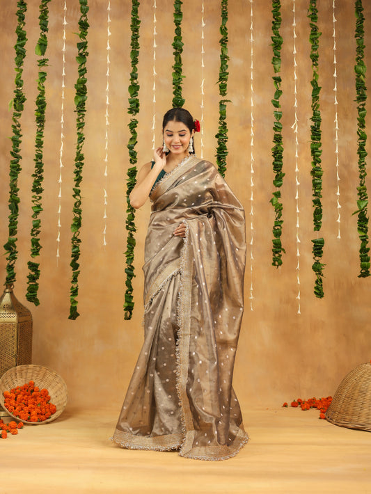 Antique Silver Banarasi Tissue Silk Saree with Polka Motifs