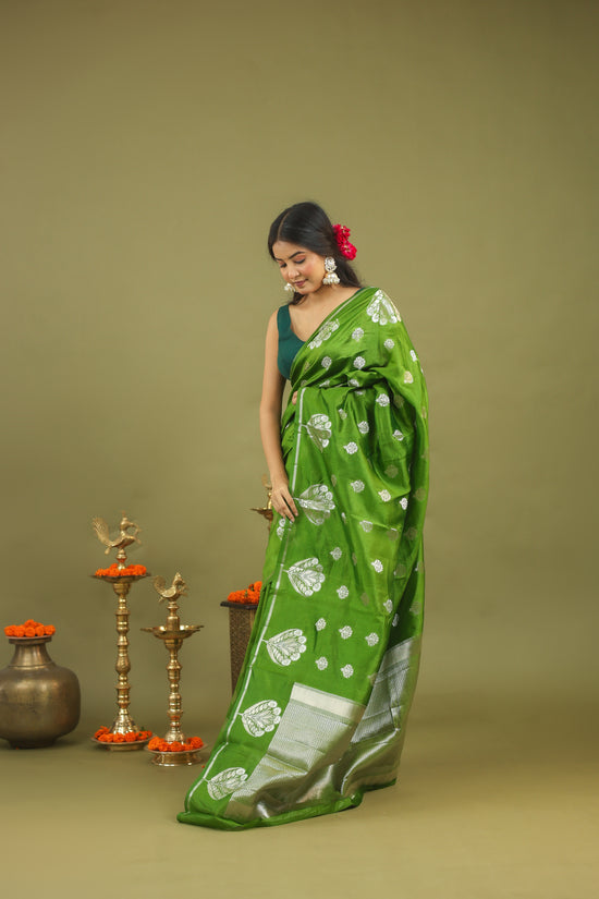 Parrot Green Pure Tussar Silk Saree with Silver Zari Buta & Rich Pallu