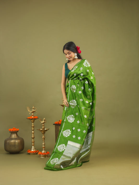 Parrot Green Pure Tussar Silk Saree with Silver Zari Buta & Rich Pallu