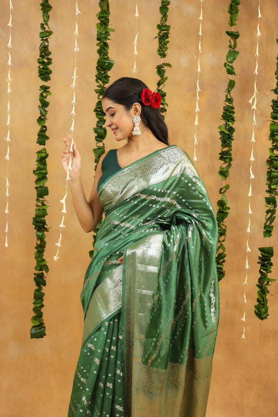 Banarasi Pure Viscose Silk Saree in Forest Green with Silver Zari Border