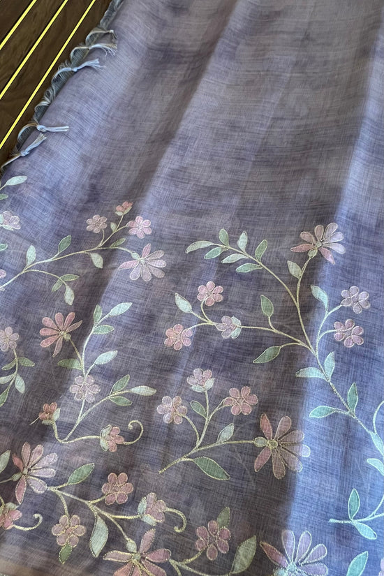 Tissue Linen Saree with Painted Florals & Delicate Aari Work- lavender