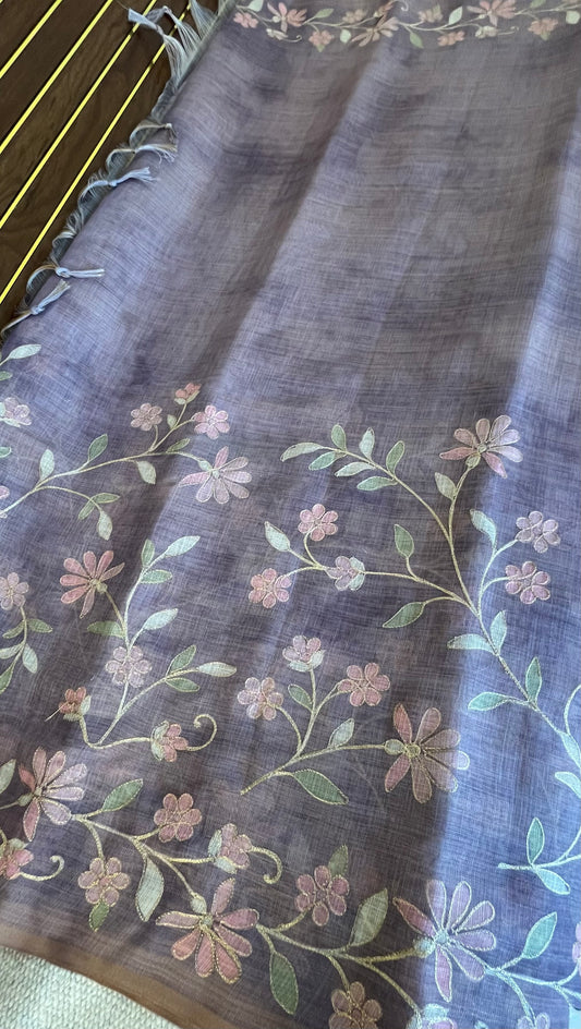 Tissue Linen Saree with Painted Florals & Delicate Aari Work- lavender
