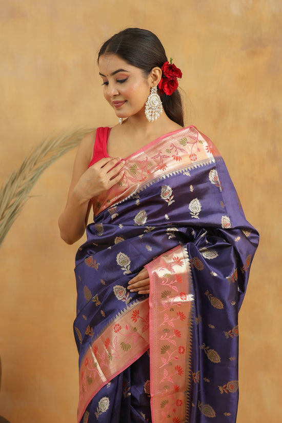 Navy Blue with Peach-Pink border Banarasi Dupion Silk
Saree with Zari & Floral Motifs