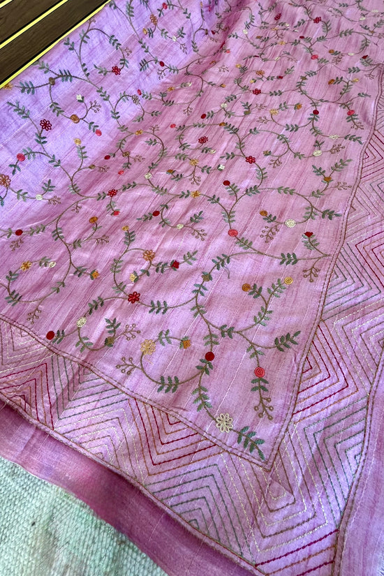 Tussar Saree with Thread Embroidery- Pink
