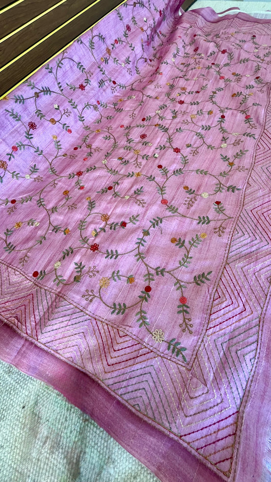 Tussar Saree with Thread Embroidery- Pink