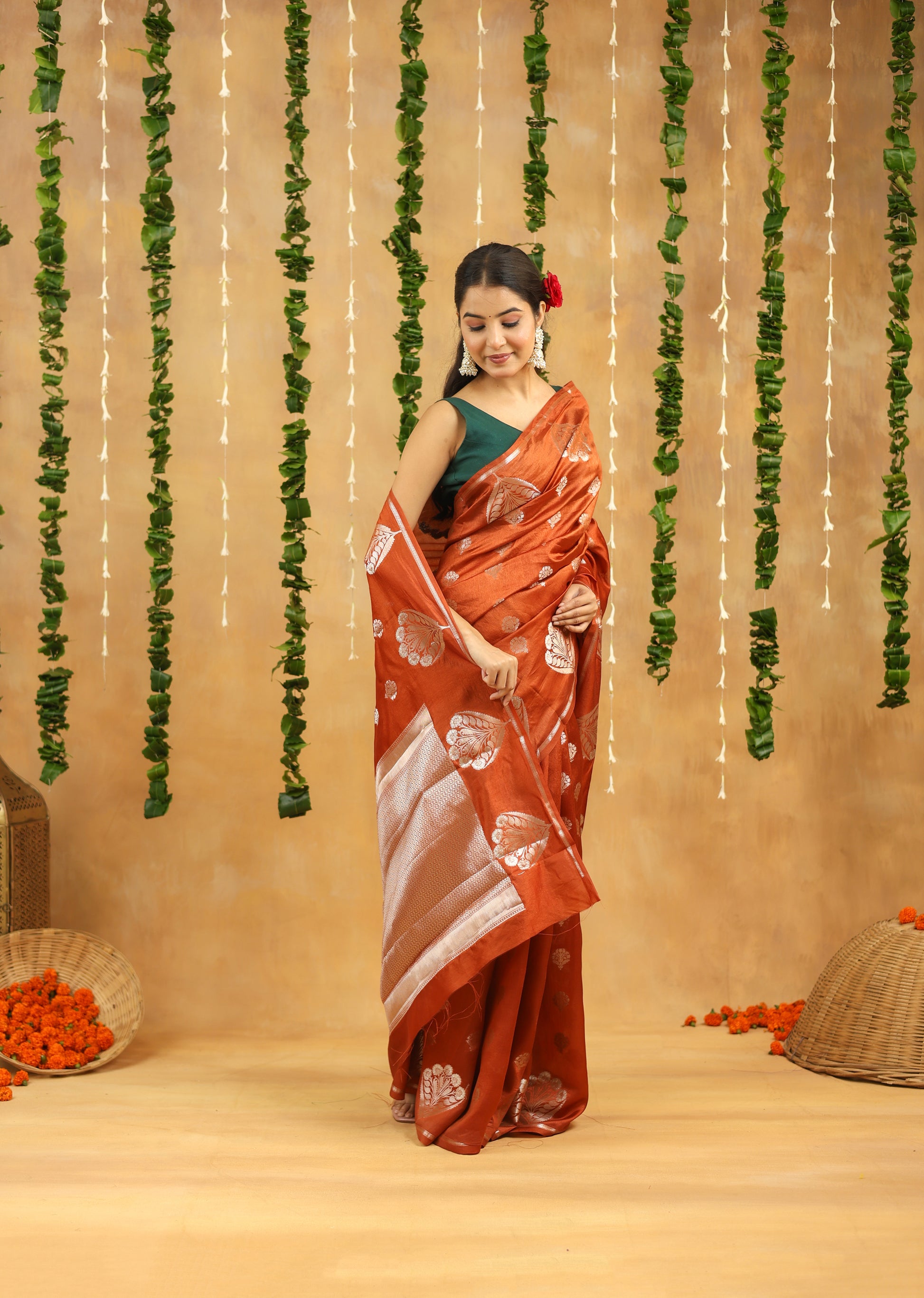 Rust Orange Pure Tussar Silk Saree with Silver Zari Buta & Rich Pallu