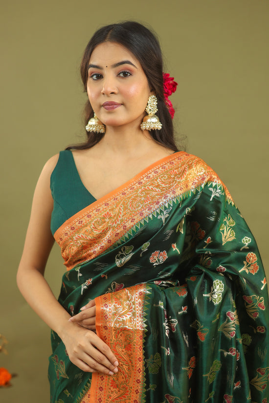 Emerald Green Pure Dupion Silk Saree with Antique Gold Zari Border