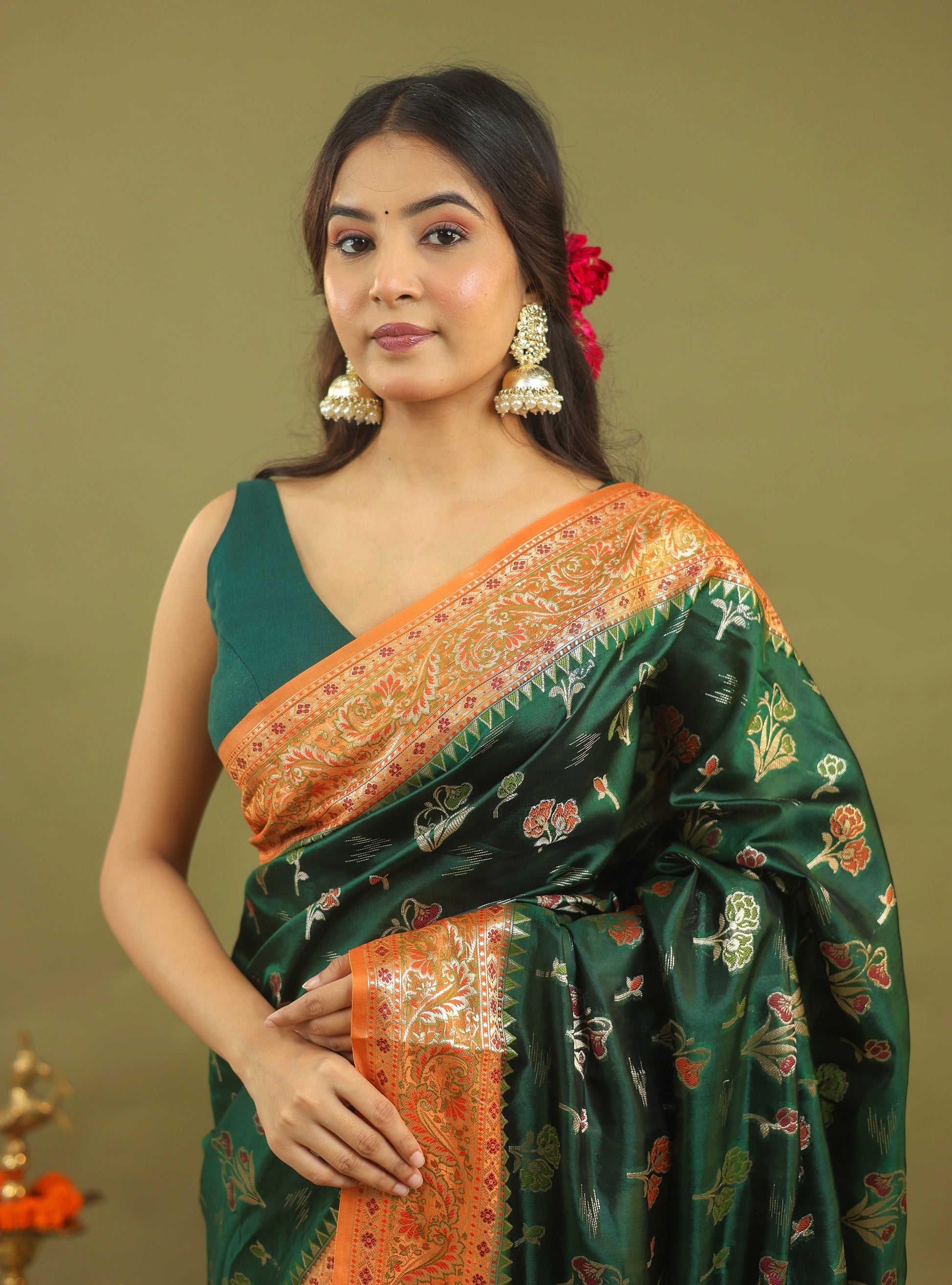 Emerald Green Pure Dupion Silk Saree with Antique Gold Zari Border